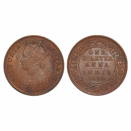 Victoria Empress, Copper, Quarter Anna, 1896, Calcutta Mint, B/II, No mint mark, Ghost on 