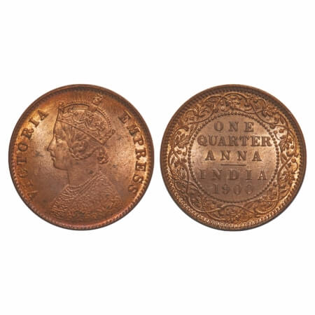 Victoria Empress, Copper, Quarter Anna, 1900, Calcutta Mint, B/II, No mint mark. F. Prid 6