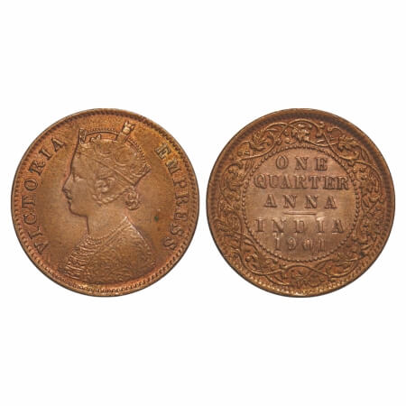 Victoria Empress, Copper, Quarter Anna, 1901, Calcutta Mint, B/II, No mint mark. F. Prid 6