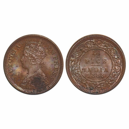 Victoria Empress, Copper, 1/2 Pice, 1888, Calcutta Mint, A/I, No mint mark, Multiple die c