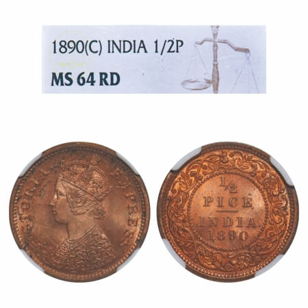 Victoria Empress, Copper, 1/2 Pice, 1890, Calcutta MInt, A/I, No mint mark. F. Prid 722. G