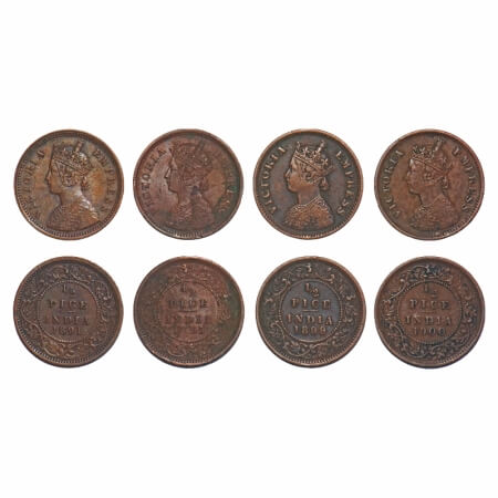Victoria Empress, Copper, 1/2 Pice, (4 coins), 1891, 1895, 1899, 1900, Calcutta Mint, A/I,