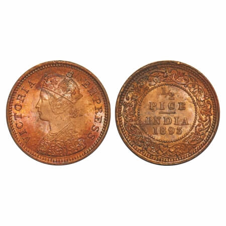 Victoria Empress, Copper, 1/2 Pice, 1893, Calcutta Mint, A/I, No mint mark, Multiple die c