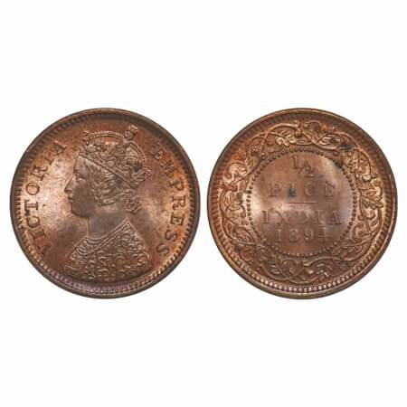Victoria Empress, Copper, 1/2 Pice, 1894, Calcutta Mint, A/I, No mint mark. F. Prid 727. G