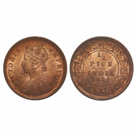 Victoria Empress, Copper, 1/2 Pice, 1894, Calcutta Mint, A/I, No mint mark, Die crack on R