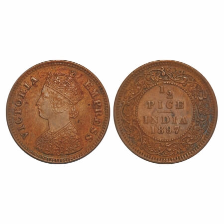 Victoria Empress, Copper, 1/2 Pice, 1897, Calcutta Mint, A/I, No mint mark. F. Prid 730. G