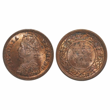 Victoria Empress, Copper, 1/2 Pice, 1898, Calcutta Mint, A/I, No mint mark, Ghost on Rev. 