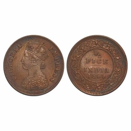 Victoria Empress, Copper, 1/2 Pice, 1899, Calcutta Mint, A/I, No mint mark, Die crack on O