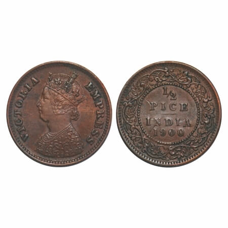 Victoria Empress, Copper, 1/2 Pice, 1900, Calcutta Mint, A/I, No mint mark, Ghost on Rev. 