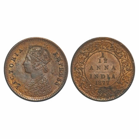 Victoria Empress, Copper, 1/12 Anna, 1877, Calcutta Mint, Obv B, No mint mark. F. Prid 786