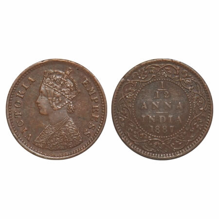 Victoria Empress, Copper, 1/12 Anna, 1887, Bombay Mint, Obv A, No mint mark. F. Prid 814. 