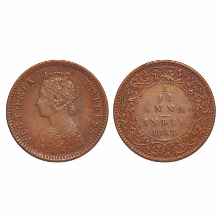 Victoria Empress, Copper, 1/12 Anna, 1887, Calcutta Mint, Obv B, 'C' incused. F. Prid 792.