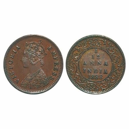 Victoria Empress, Copper, 1/12 Anna, 1888, Bombay Mint, Obv A, No mint mark. F. Prid 815. 
