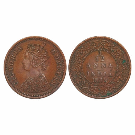 Victoria Empress, Copper, 1/12 Anna, 1889, Bombay Mint, Obv A, No mint mark. F. Prid 816. 