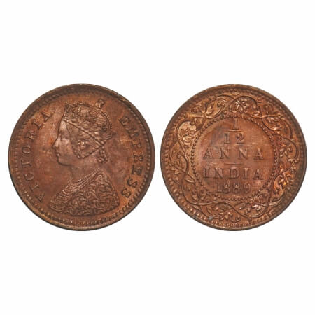 Victoria Empress, Copper, 1/12 Anna, 1889, Bombay Mint, Obv A, No mint mark. F. Prid 816. 