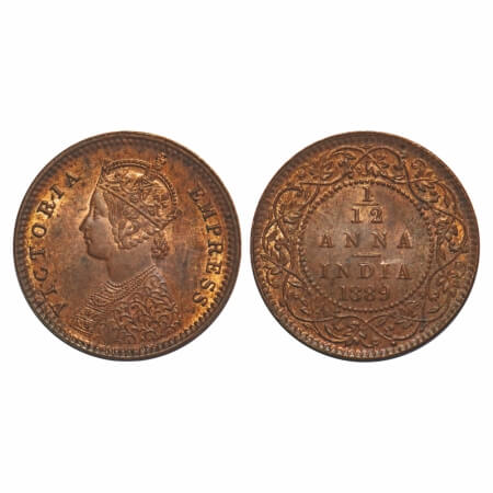 Victoria Empress, Copper, 1/12 Anna, 1889, Calcutta Mint, Obv B, No mint mark, Ghost on Re