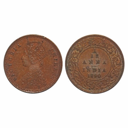 Victoria Empress, Copper, 1/12 Anna, 1890, Calcutta Mint, No mint mark, Obv B. F. Prid 795