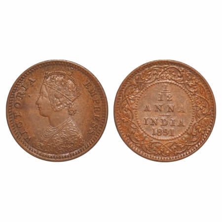 Victoria Empress, Copper, 1/12 Anna, 1891, Calcutta Mint, Obv B, No mint mark. F. Prid 796