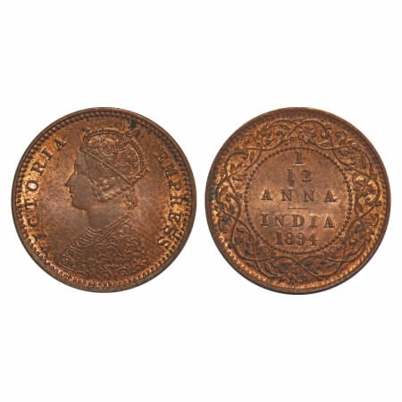 Victoria Empress, Copper, 1/12 Anna, 1894, Calcutta Mint, Obv B, No mint mark. F. Prid 799