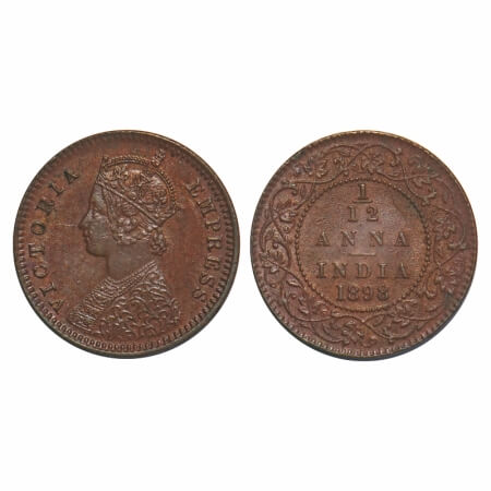 Victoria Empress, Copper, 1/12 Anna, 1898, Calcutta Mint, Obv B, No mint mark, Ghost on Re