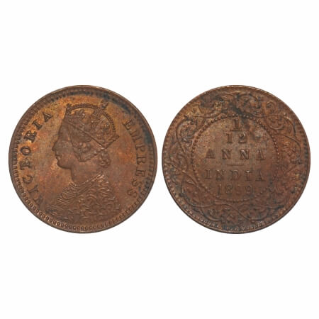 Victoria Empress, Copper, 1/12 Anna, 1899, Calcutta Mint, No mint mark, Obv B. F. Prid 804