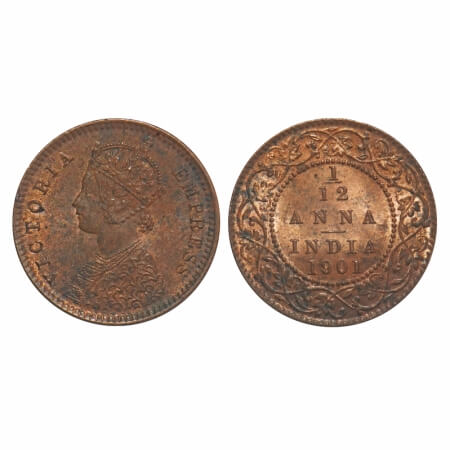 Victoria Empress, Copper, 1/12 Anna, 1901, Calcutta Mint, No mint mark, Obv B, Die cracks 