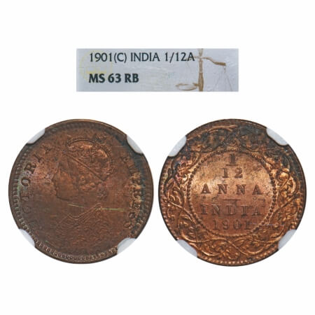 Victoria Empress, Copper, 1/12 Anna, 1901, Calcutta Mint, No mint mark, Obv B. F. Prid 805