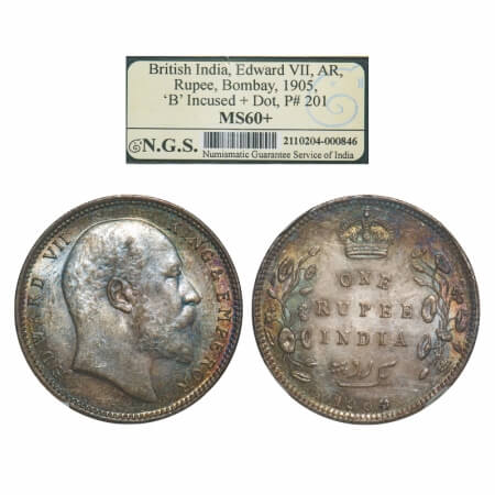 Edward VII, Silver, Rupee, 1905, Bombay Mint, 'B' incused and dot, Top stroke of numeral 5