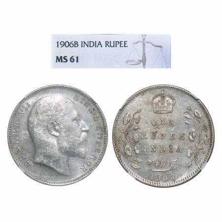 Edward VII, Silver, Rupee, 1906, Bombay Mint, 'B' incused and dot. F. Prid 202. GK 940. NG