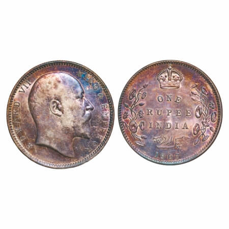 Edward VII, Silver, Rupee, 1907, Calcutta Mint, No mint mark. F. Prid 193. GK 942. Almost 