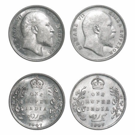 Edward VII, Silver, Rupee, 1907, (2 coins), 1) Calcutta Mint, No mint mark, 2) Bombay Mint