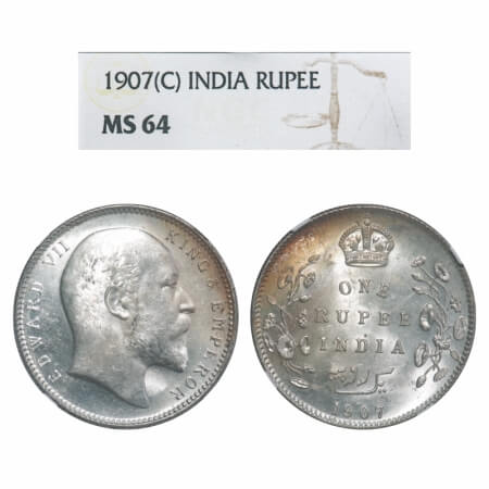 Edward VII, Silver, Rupee, 1907, Calcutta Mint, No mint mark. F. Prid 193. GK 942. NGC Sla