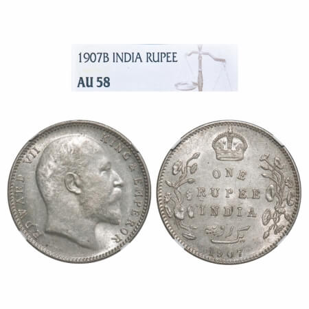 Edward VII, Silver, Rupee, 1907, Bombay Mint, 'B' incused and dot. F. Prid 203. GK 943. NG