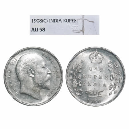 Edward VII, Silver, Rupee, 1908, Calcutta Mint, No mint mark. F. Prid 194. GK 946. NGC sla