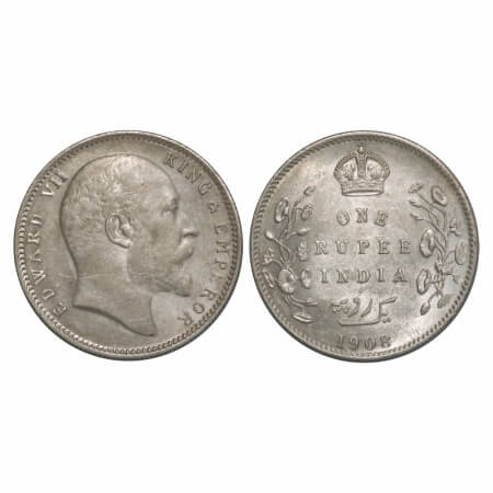 Edward VII, Silver, Rupee, 1908, Calcutta Mint, No mint mark. F. Prid 194. GK 946. About U