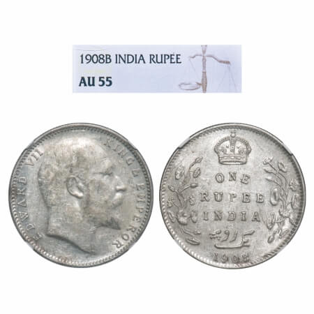 Edward VII, Silver, Rupee, 1908, Bombay Mint, No B only dot. F. Prid Unlisted. GK 949. NGC