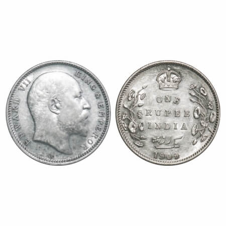 Edward VII, Silver, Rupee, 1909, Calcutta Mint, No mint mark. F. Prid 195. GK 950. About U