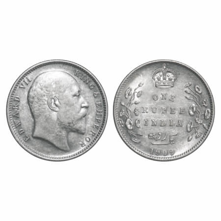 Edward VII, Silver, Rupee, 1909, Calcutta Mint, No mint mark. F. Prid 195. GK 950. Extreme