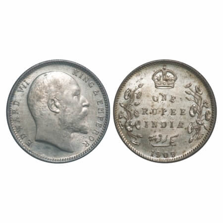 Edward VII, Silver, Rupee, 1909, Calcutta Mint, No mint mark. F. Prid 195. GK 950. About U