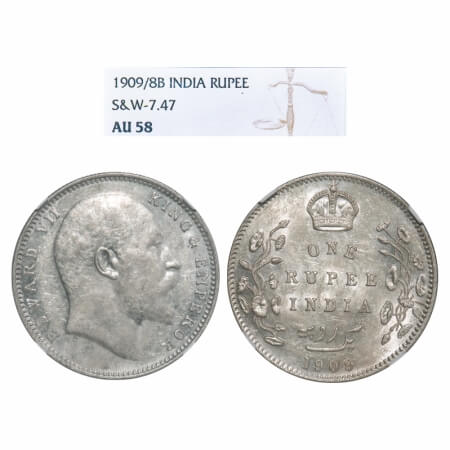 Edward VII, Silver, Rupee, 1909, Bombay Mint, 'B' incused and dot, Numeral 9 struck on num