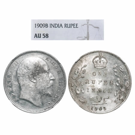 Edward VII, Silver, Rupee, 1909, Bombay Mint, No B only dot. F. Prid Unlisted. GK 953. NGC