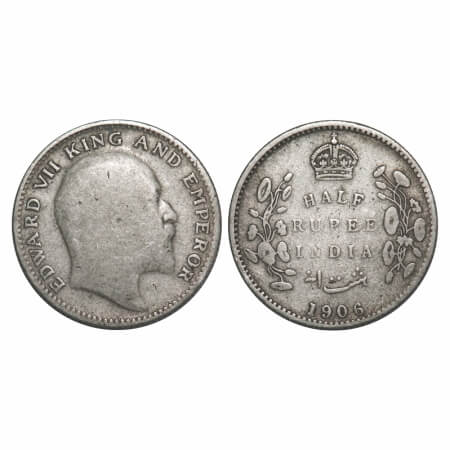 Edward VII, Silver, Half Rupee, 1906, Bombay Mint, 'B' incused, No dot. F. Prid 315. GK 96