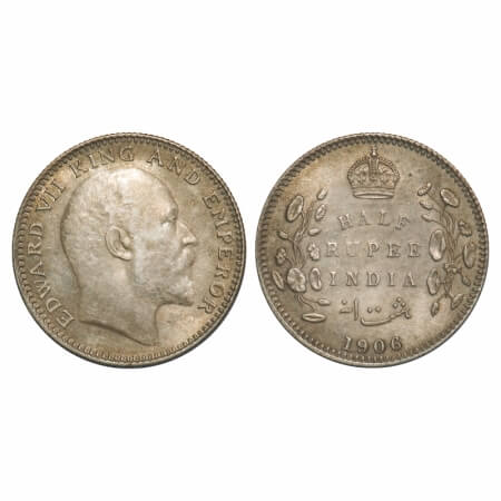 Edward VII, Silver, Half Rupee, 1906, Calcutta Mint, No mint mark. F. Prid 310. GK 964. Ab