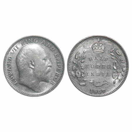 Edward VII, Silver, Half Rupee, 1907, Calcutta Mint, No mint mark. F. Prid. GK 967. Extrem