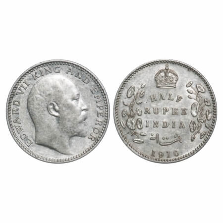 Edward VII, Silver, Half Rupee, 1910, Calcutta Mint, No mint mark. F. Prid 314. GK 971. Ex
