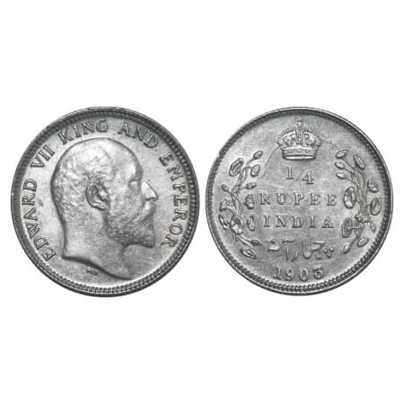 Edward VII, Silver, 1/4 Rupee, 1903, Calcutta Mint, No mint mark, Ghost on Rev, Die cracks