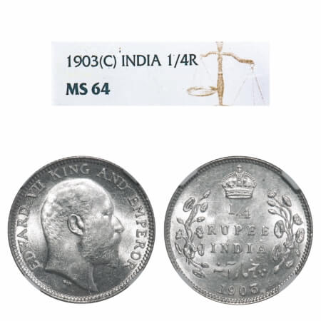 Edward VII, Silver, 1/4 Rupee, 1903, Calcutta Mint, No mint mark. F. Prid 432. GK 972. NGC