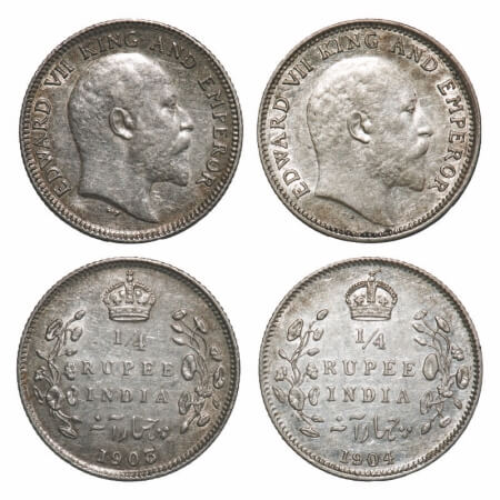Edward VII, Silver, 1/4 Rupee, (2 coins), 1903, 1904, Calcutta Mint, No mint mark. F. Prid