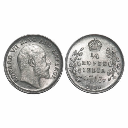 Edward VII, Silver, 1/4 Rupee, 1904, Calcutta Mint, No mint mark. F. Prid 433. GK 973. Ext