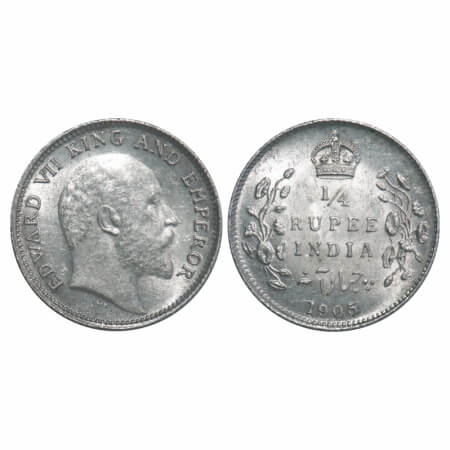 Edward VII, Silver, 1/4 Rupee, 1905, Calcutta Mint, No mint mark. F. Prid 434. GK 974. Abo